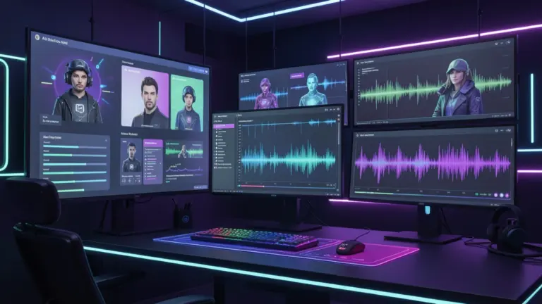 AI video production dashboard with avatars, voice tools, and editing timeline interface