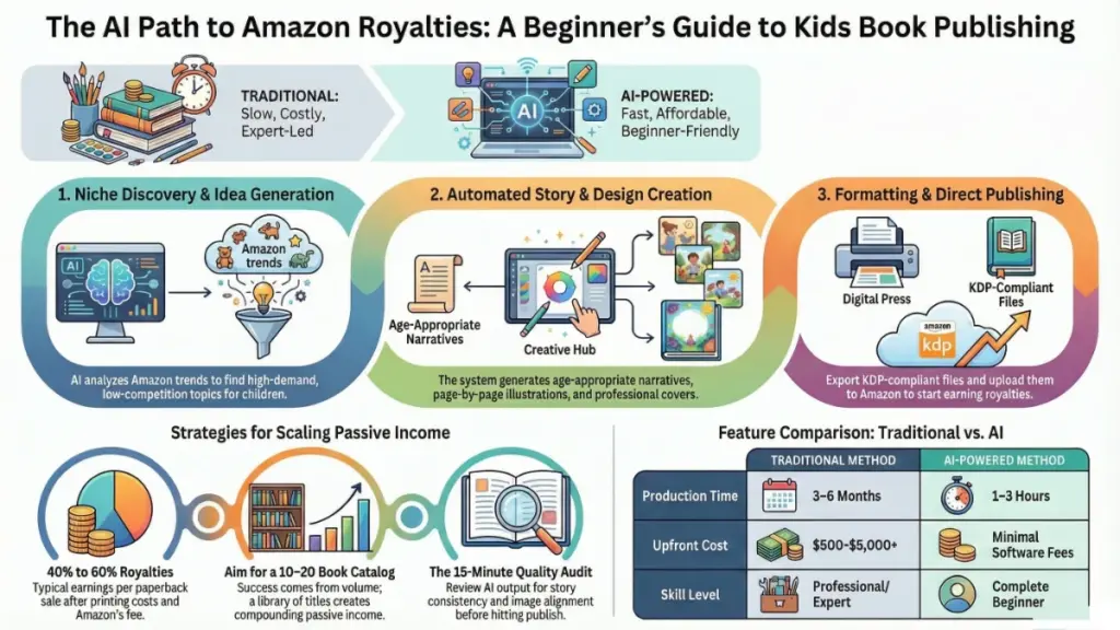 Person earning royalties online from AI-generated children's books on Amazon