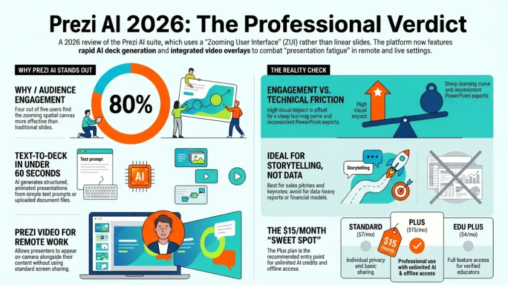 Presenter using Prezi Video with on-screen overlay during virtual meeting