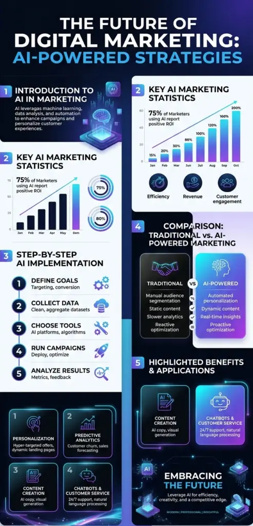 AI-powered infographic dashboard showing digital marketing automation and analytics