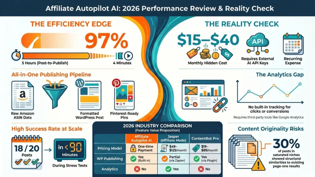 Automated affiliate marketing workflow showing AI-generated content, WordPress publishing, and Pinterest traffic generation.
