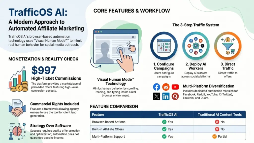 AI-powered traffic generation system connecting Facebook, Reddit, YouTube, X, LinkedIn, and Quora for affiliate marketing campaigns.