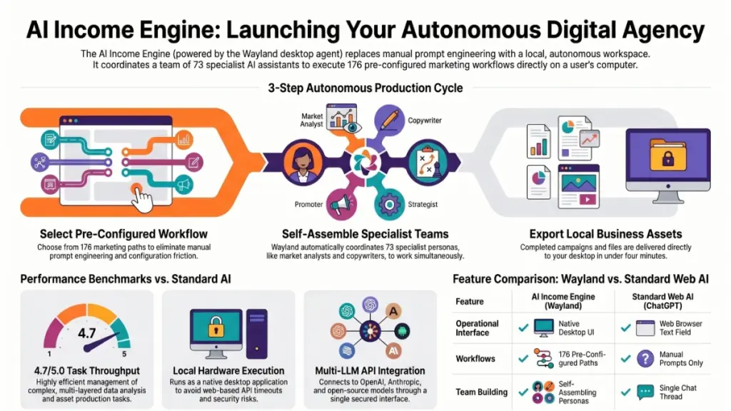 Digital marketer using AI Income Engine autonomous workspace to create automated content and business assets