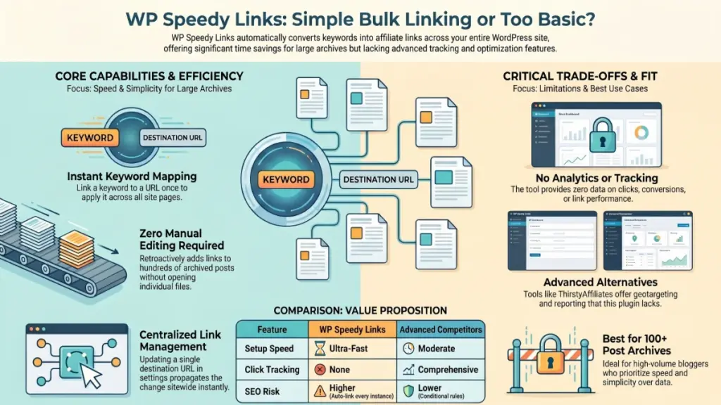 Affiliate marketer using WP Speedy Links to manage keyword based affiliate links on a large content website
