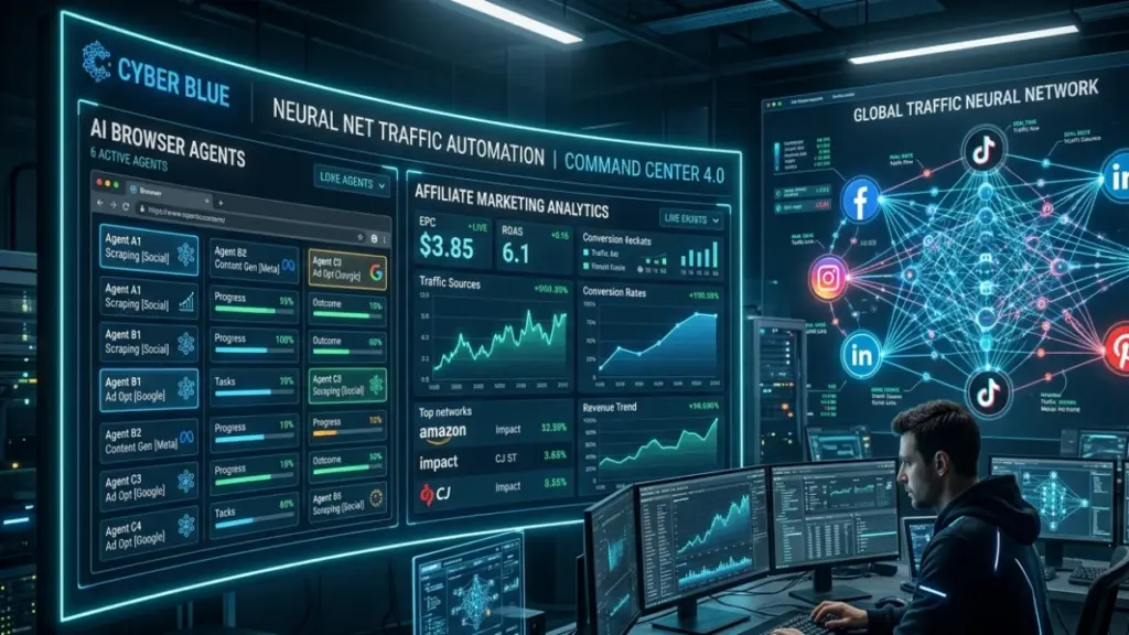 TrafficOS AI dashboard displaying browser-based AI workers generating affiliate marketing traffic across multiple social platforms.