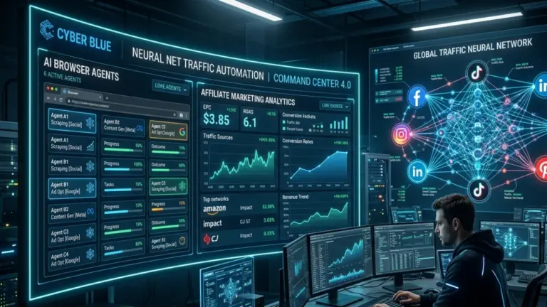 TrafficOS AI dashboard displaying browser-based AI workers generating affiliate marketing traffic across multiple social platforms.
