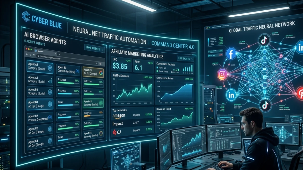TrafficOS AI dashboard displaying browser-based AI workers generating affiliate marketing traffic across multiple social platforms.