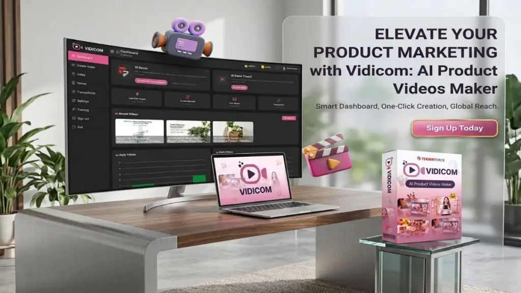 Vidicom AI dashboard converting an eCommerce product URL into a promotional marketing video.