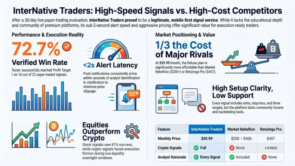 Comparison of trading signal performance across stocks, options, and cryptocurrency markets.