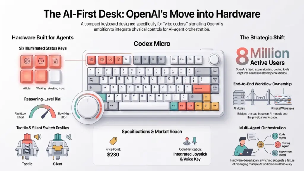 Compact AI coding keyboard featuring programmable keys, reasoning dial, and illuminated agent status controls on a modern workspace.