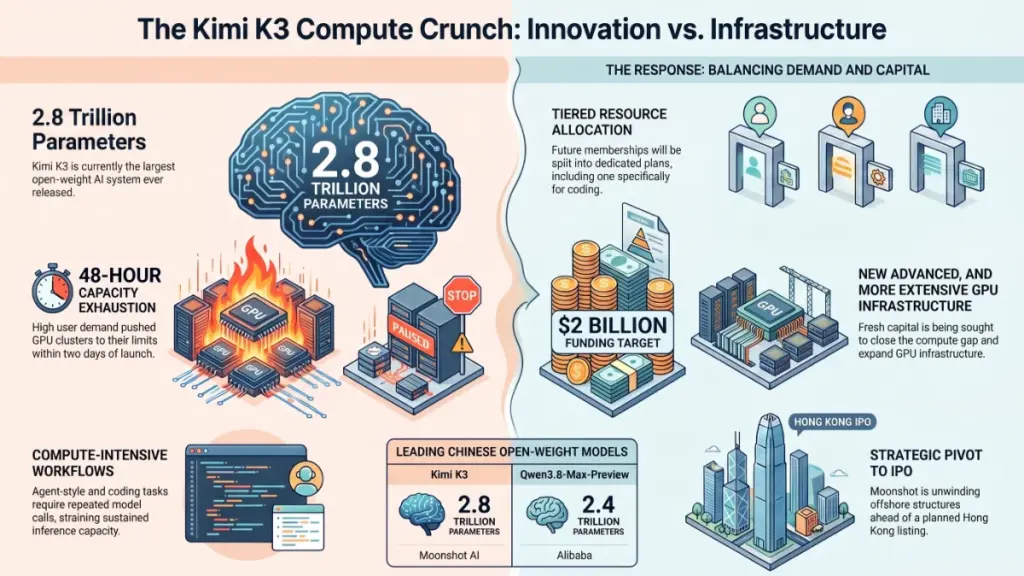 Large AI data center supporting Kimi K3 with high-performance GPU clusters under heavy demand.