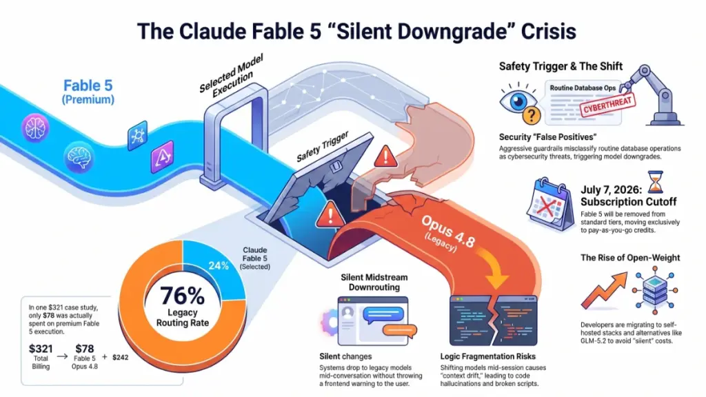 AI infrastructure dashboard illustrating automatic routing from Claude Fable 5 to a legacy language model.
