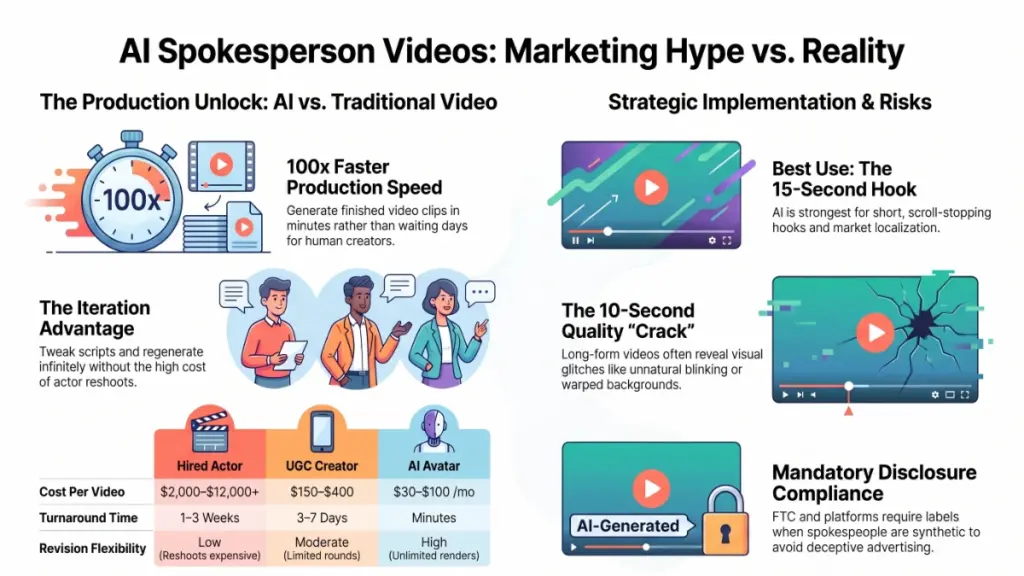 Business professional comparing AI avatar marketing videos with traditional content creation.
