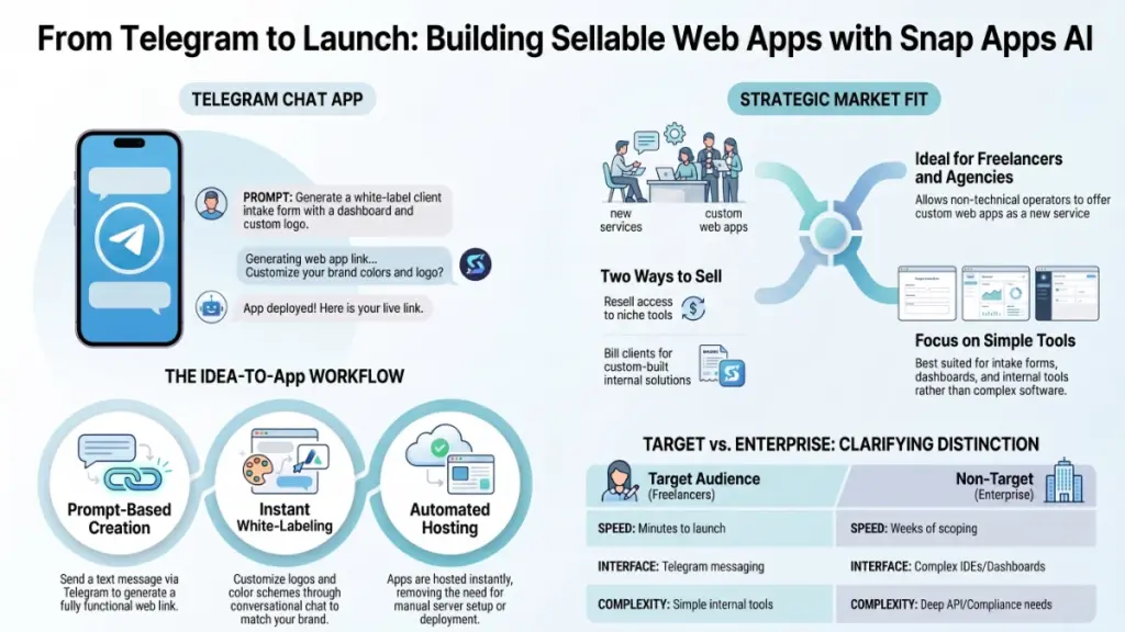 Freelancer branding and hosting AI-generated web applications with Snap Apps AI.