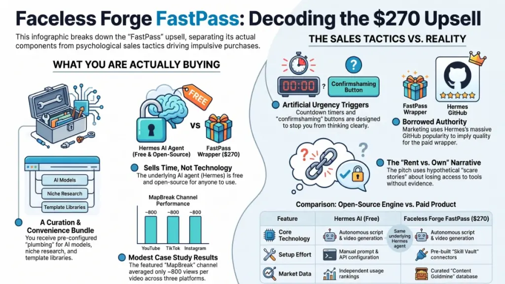 Young entrepreneur comparing Hermes AI with the Faceless Forge FastPass upsell in a modern workspace.