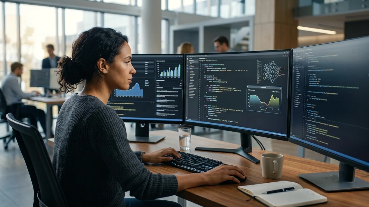 Developer comparing open-weight AI and proprietary AI models using advanced holographic displays.