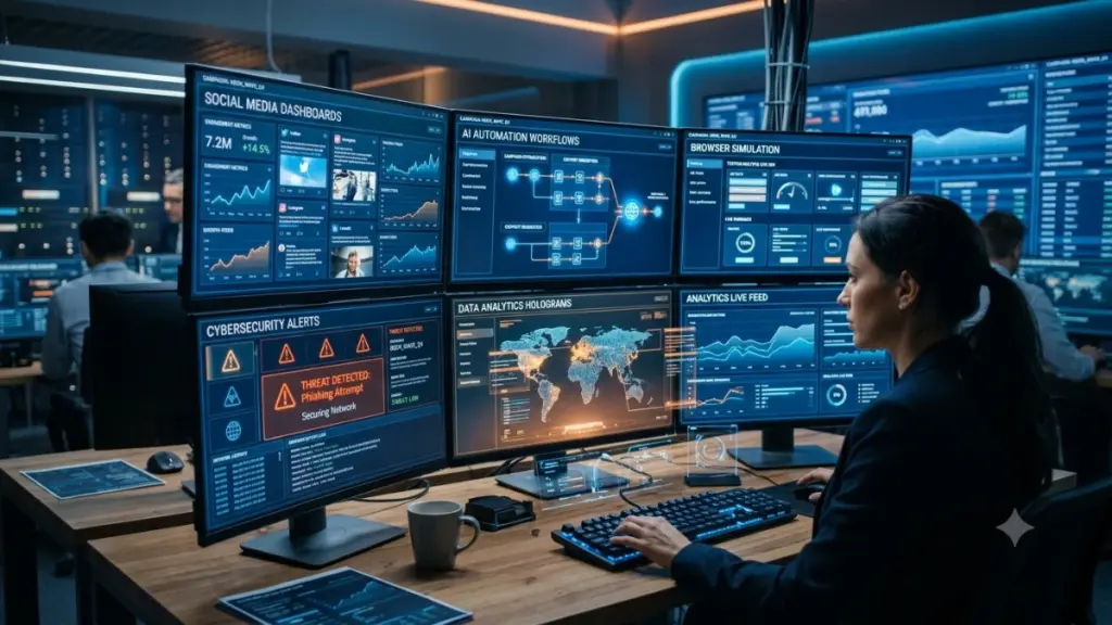 TrafficOS AI dashboard managing automated social media campaigns across multiple platforms.