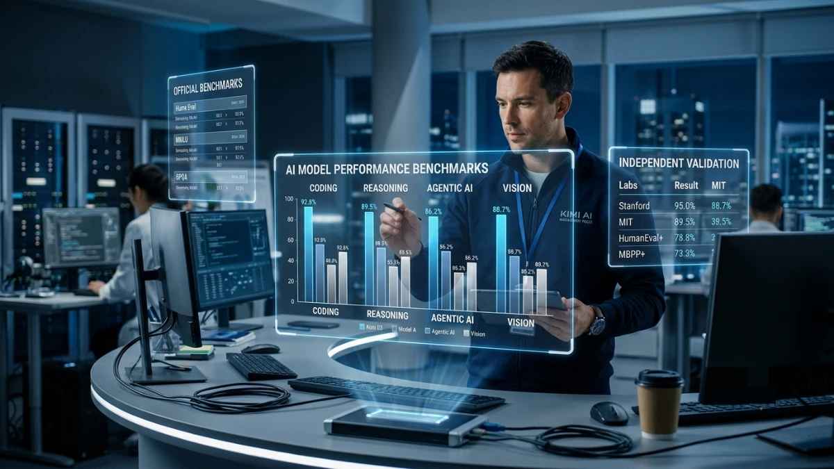 Male AI engineer reviewing Kimi K3 benchmark performance charts.