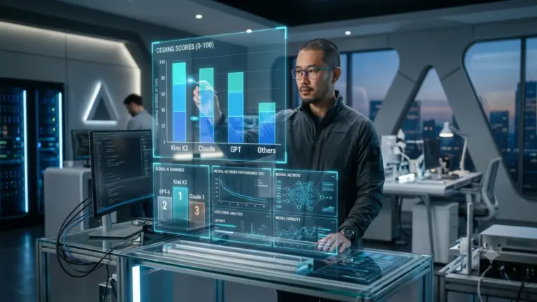 Male AI engineer reviewing Kimi K3 benchmark performance against leading AI models.