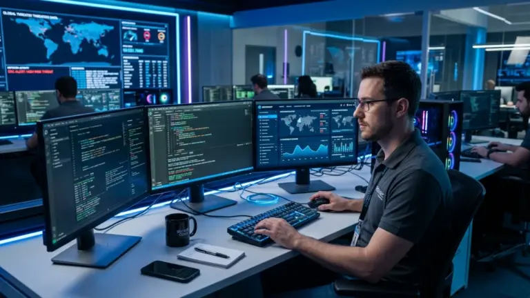 Male developer using OpenAI Codex Security CLI to scan source code for vulnerabilities.