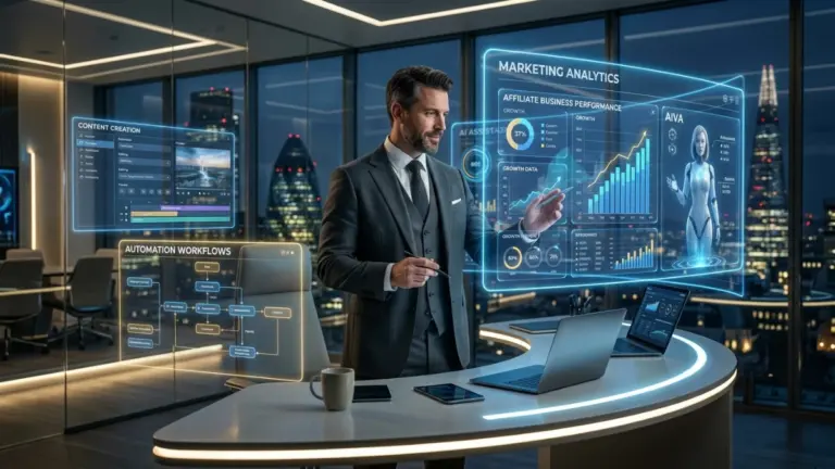 Man managing AI-powered business automation dashboard with virtual AI assistants.
