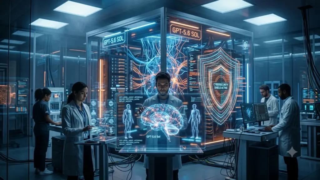 OpenAI GPT-5.6 Sol AI model with futuristic cybersecurity shield and neural network visualization.