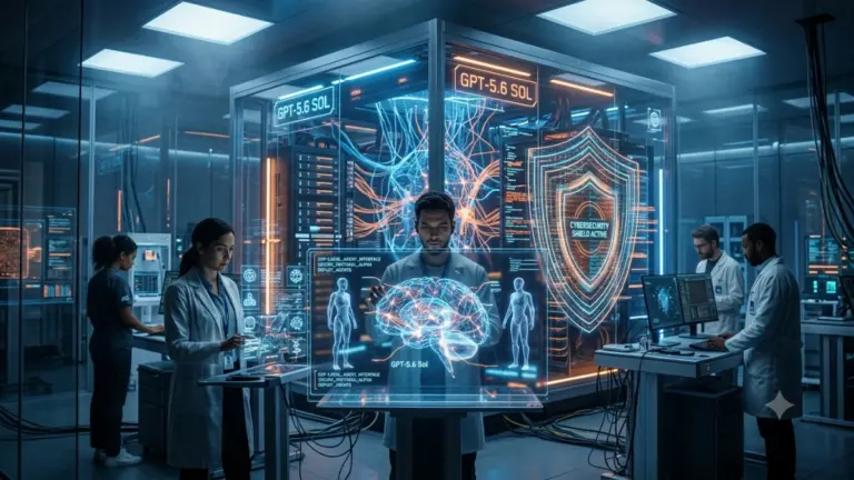 OpenAI GPT-5.6 Sol AI model with futuristic cybersecurity shield and neural network visualization.