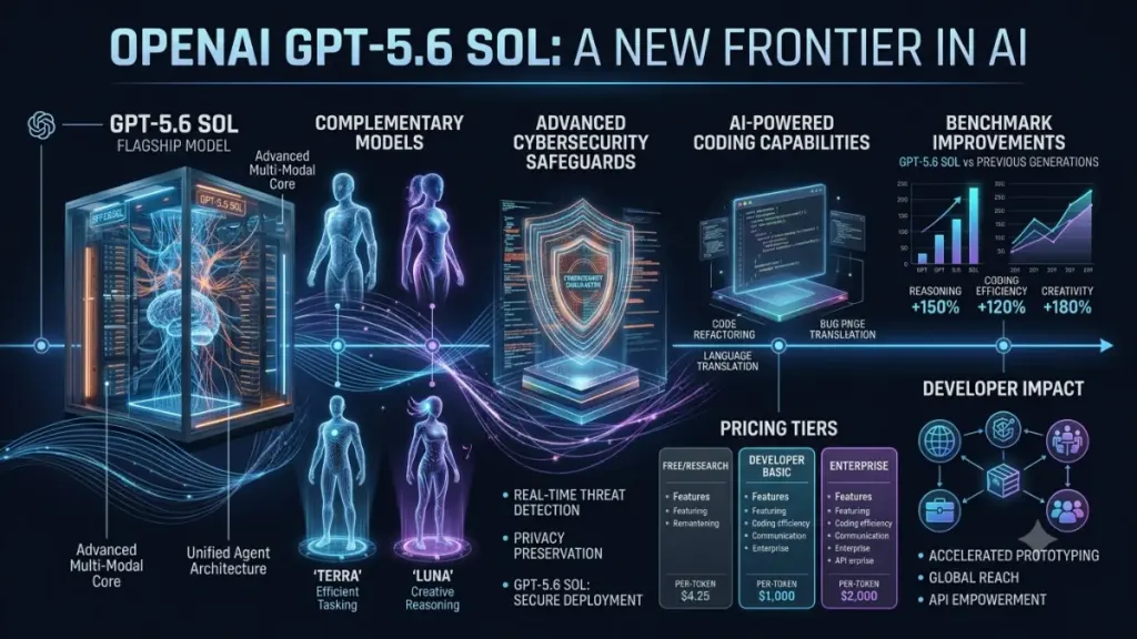 Developers using GPT-5.6 Sol AI for coding automation with holographic programming interface.