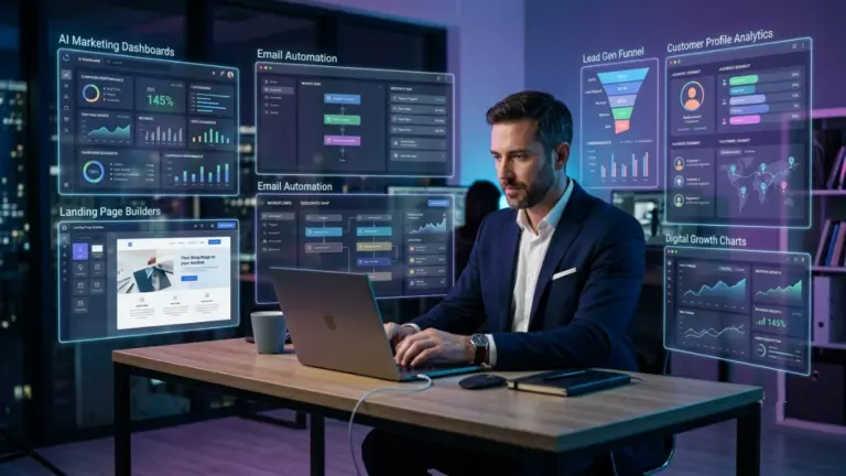Man creating an AI-powered lead generation campaign using LeadFlux AI dashboard.