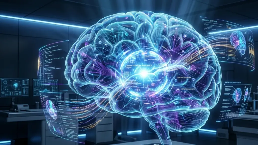 Visualization of Claude AI's hidden J-space reasoning workspace inside a neural network.