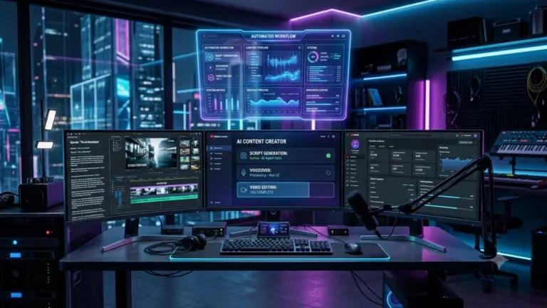 AI dashboard automating faceless YouTube video production with scripts, voiceovers, thumbnails and publishing.