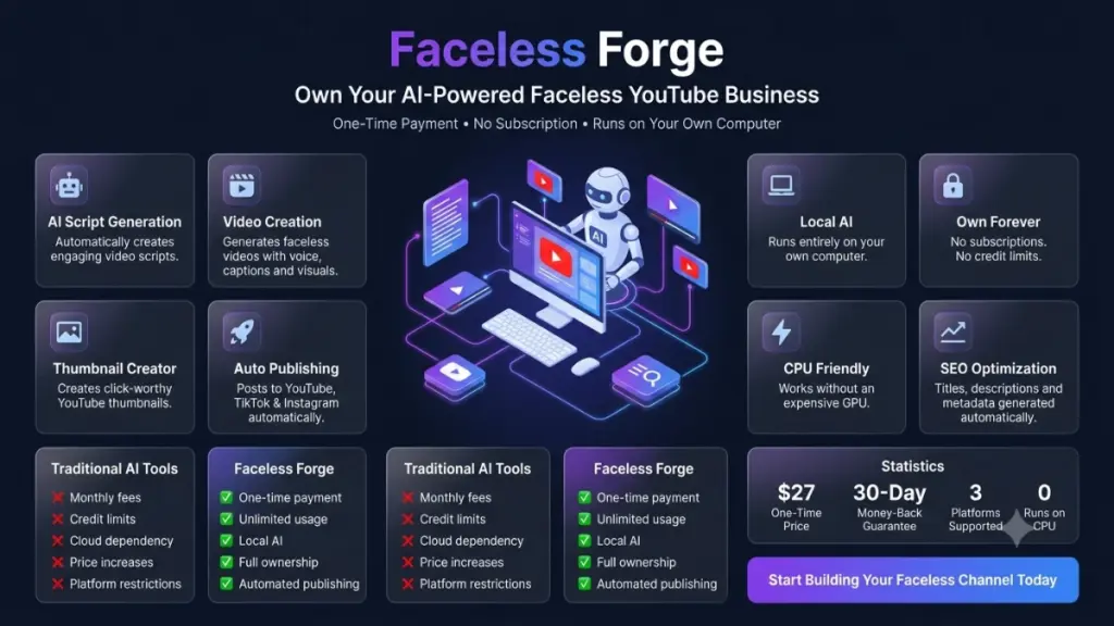 Content creator using an AI-powered local automation system to produce faceless videos across multiple platforms.