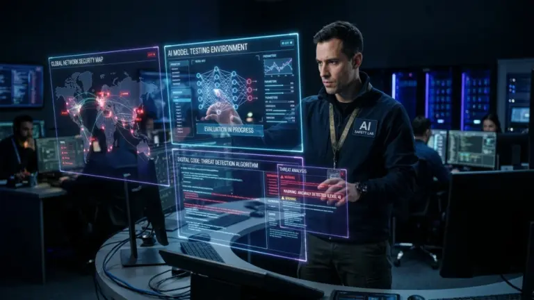 Male cybersecurity researcher analyzing AI model security breach data in a futuristic control room.