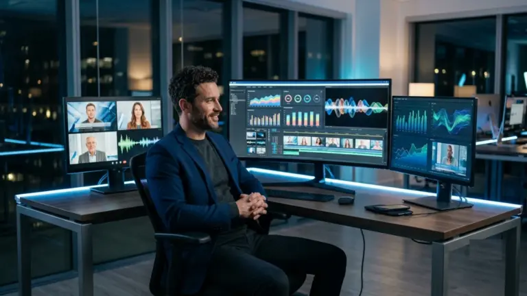 Professional marketer creating AI spokesperson videos using advanced AI software.