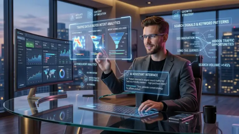 Male marketer analyzing AI traffic signals and buyer intent data on futuristic dashboard