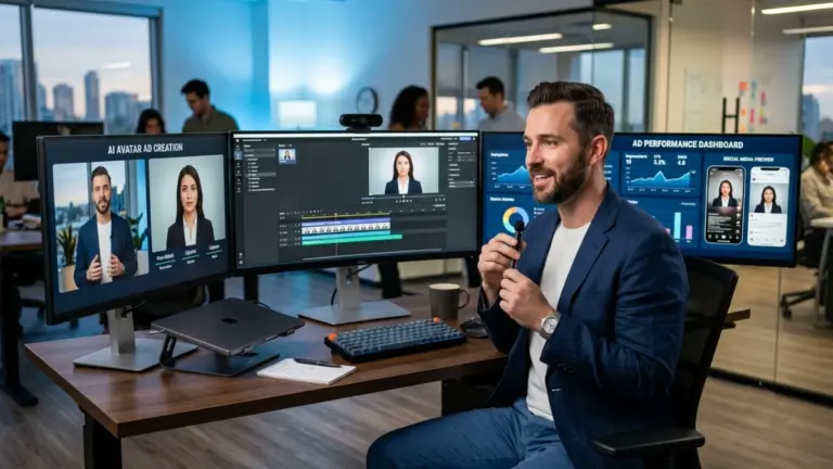 Professional marketer creating AI spokesperson video for social media advertising campaign.