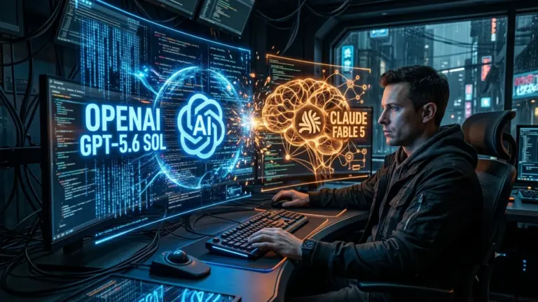 Man developer comparing GPT-5.6 Sol and Claude Fable 5 AI coding models on futuristic screens