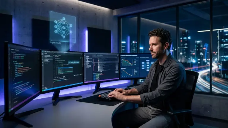 Male developer using Claude Opus 5 inside GitHub Copilot for advanced AI coding tasks.