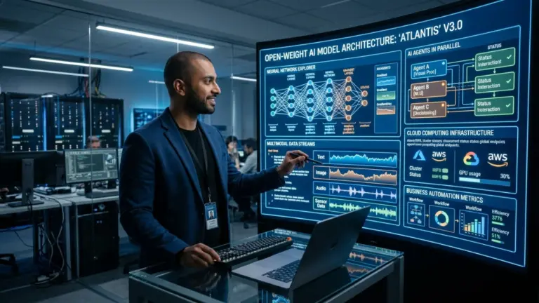 Male AI engineer analyzing Kimi K3 open-weight AI model technology in a futuristic workspace.