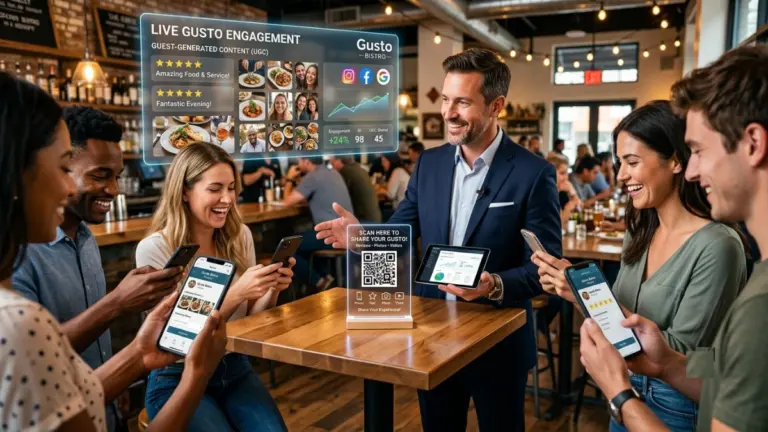 Business owner showing customers how to scan a QR code for reviews and photos.
