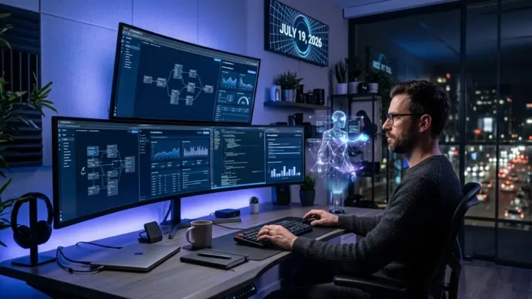 Professional man using an AI assistant to audit workflows before the Claude Fable 5 deadline.