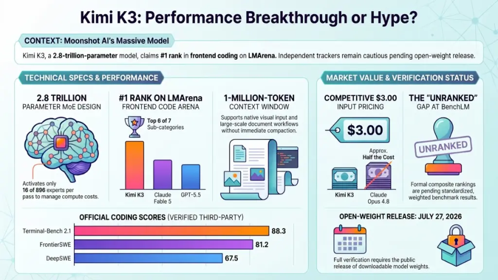Futuristic dashboard comparing Kimi K3 coding and reasoning benchmarks.