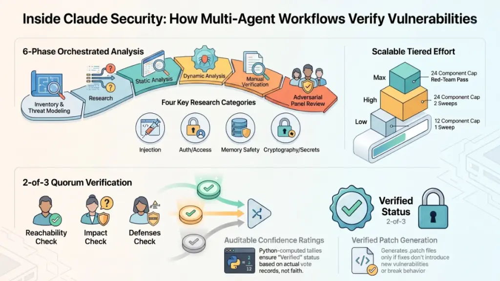 AI security agents reviewing source code and verifying software vulnerabilities before generating secure patches.