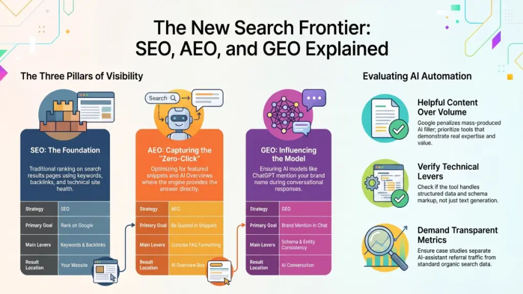 Digital illustration comparing SEO, AEO and GEO optimization strategies using AI search.