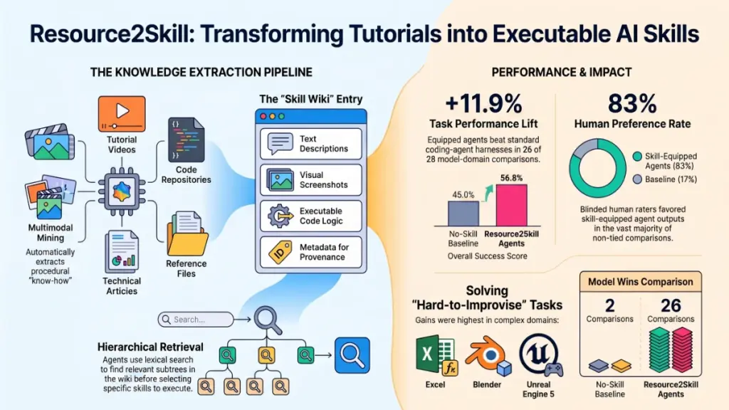 AI agent retrieving executable skills from a digital knowledge library.