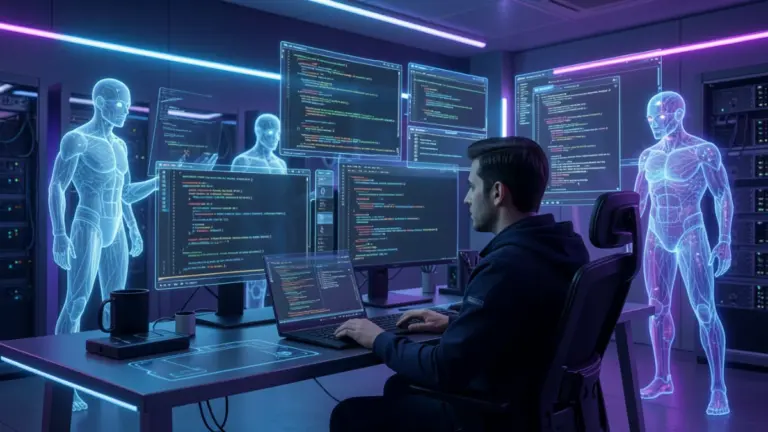 Male software engineer using an AI-powered multi-agent vulnerability scanner inside a futuristic terminal environment.