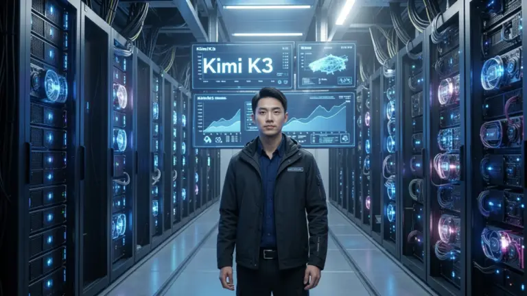 Moonshot AI engineer monitoring overloaded GPU servers powering the Kimi K3 AI model.