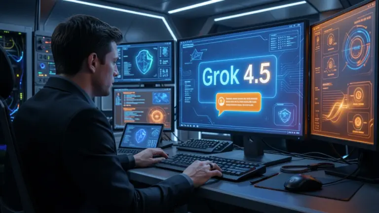 Cybersecurity researcher analyzing Grok 4.5 AI jailbreak claims on multiple monitors.