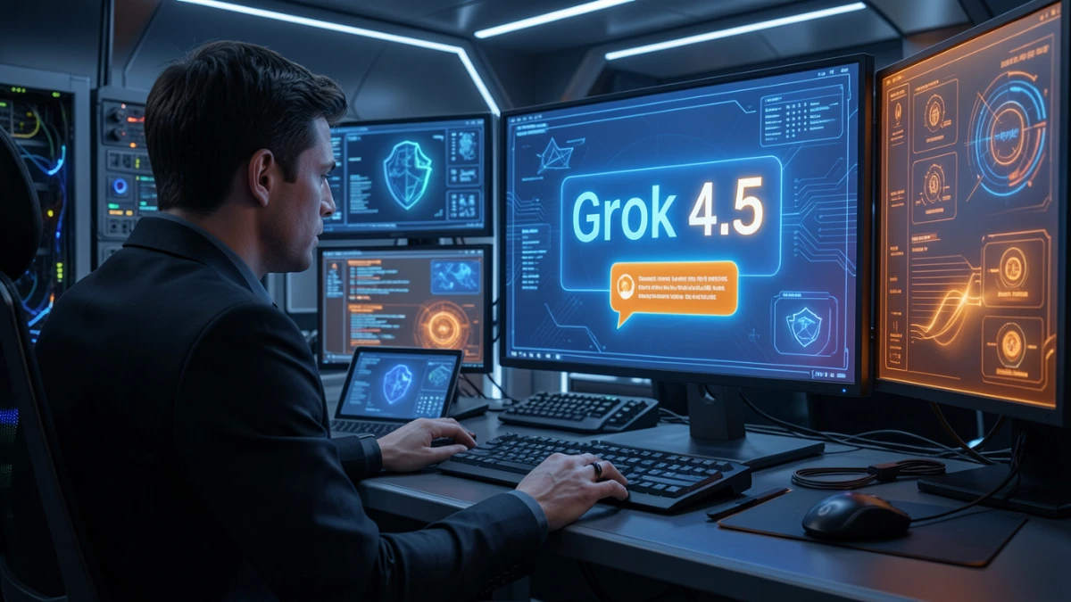 Cybersecurity researcher analyzing Grok 4.5 AI jailbreak claims on multiple monitors.