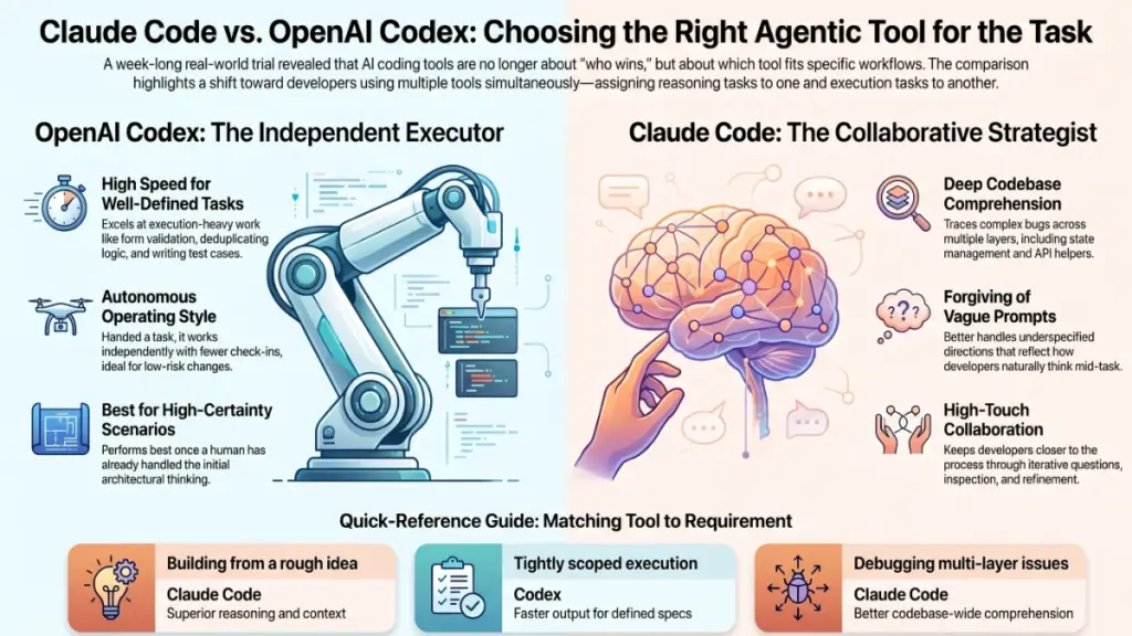 AI coding workflow showing different tools handling debugging, code analysis, testing, and rapid development tasks.